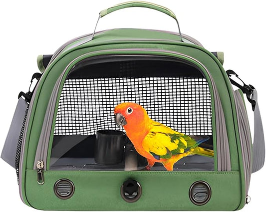 Bird Backpack,with Feeder Cups Tray Perch Portable Breathable Bird Carrier,for Small Birds Parrots Cockatiels (Green)