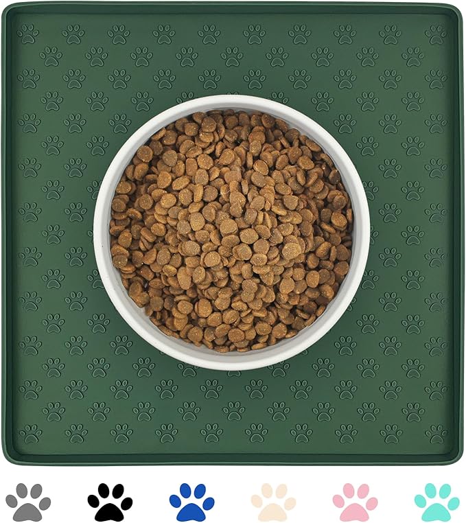 Ptlom Pet Placemat for Dog and Cat, Waterproof Silicone Pet Feeding Bowl Mats for Food and Water, Small Medium Large Dogs Mat Prevent Residues from Spilling to Floor, Hunter, 11.8"x11.8"