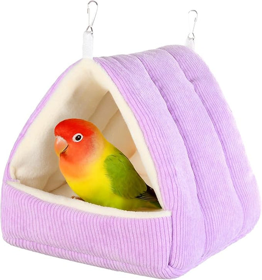 Winter Warm Bird Bed for Cage with Soft Plush Hanging Hammock & Hut Tent, Hideaway Sleeping Nest for Budgies, Cockatiels, Small Animals, and Guinea Pig Hideouts (Purple, S)