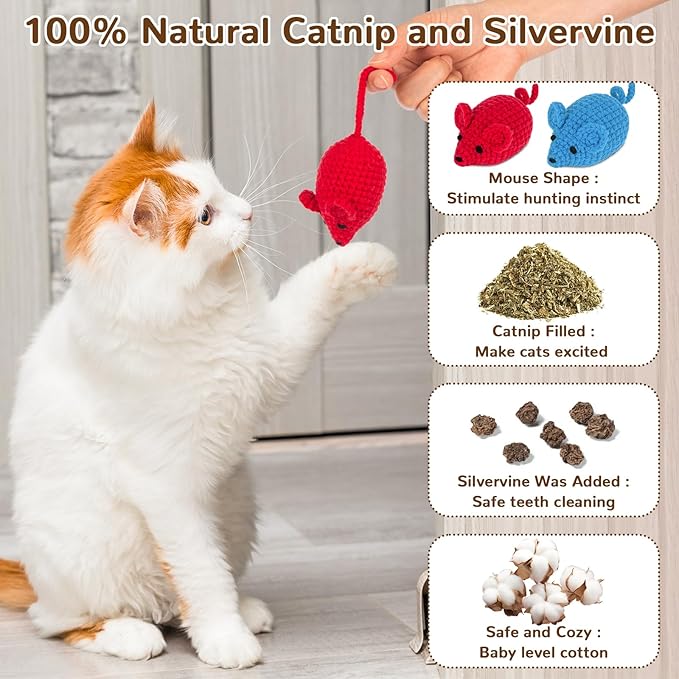 Retro Shaw Catnip Toys Crochet Mouse, 6 Pcs Yarn Cat Nip Mice Safe Teeth Cleaning Chew Toy for Indoor Kittens Kitty, Interactive Catnip Cat Kicker Toys