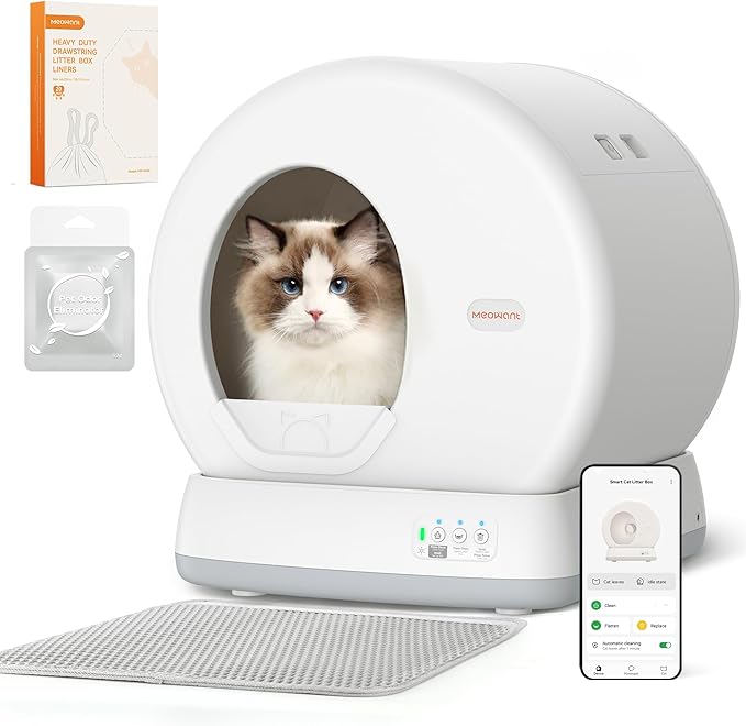 MeoWant Self-Cleaning Cat Litter Box, Integrated Safety Protection Automatic Cat Litter Box for Multi Cats, Extra Large/Odor Removal/APP Control Smart Cat Litter Box with Mat & Liner