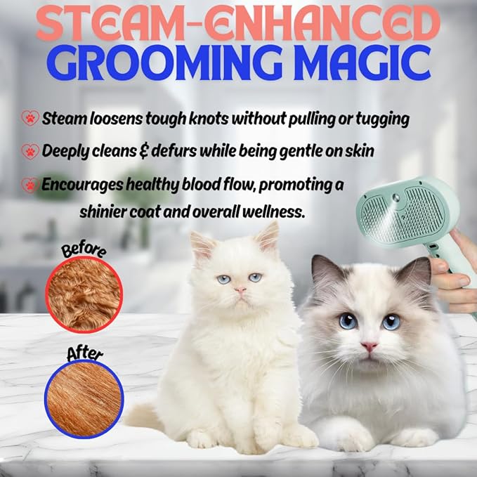 Pet Steam Brush for Cats Dogs, 3-in-1 Cat Grooming Tool with Water Spray and Quick Hair Release Button, Hair Removal Comb for Shedding, Steamy Brush (Pink)
