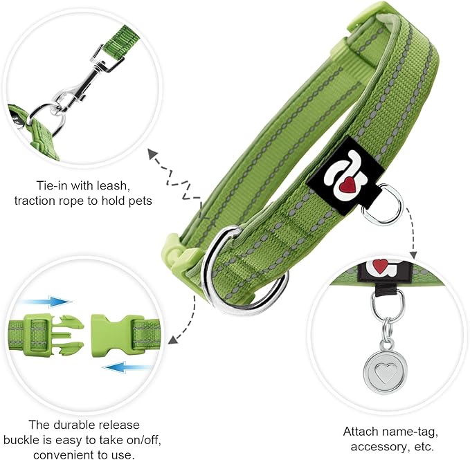 azuza Reflective Dog Collar, Soft Neoprene Padded Pet Collar with ID Tag Ring, Adjustable for Small Dogs,Army Green,S