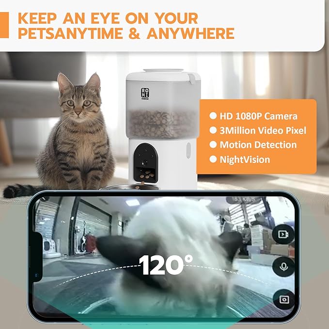 Romiromi 7L 2-in-1 Automatic Cat Feeder with Camera and Water Fountain Dispenser 1080P HD Video 2.4G&5G WiFi Timed Auto Feeder with APP Control,Multiple Cats, Detachable for Easy Clean-White