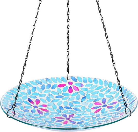 MUMTOP Mosaic Hanging Bird Bath-Bird Baths for Outdoors - 12 Inch Glass Bird Water Bowl Bird Feeders for Outside, Garden, Lawn Yard Decor（Blue）