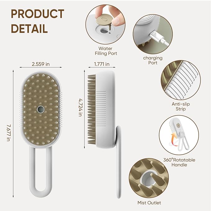 4-in-1 Cat Steam Brush for shedding – Self-Cleaning Comb for Long and Short Hair Cats and Dogs, Steam Pet Brush for Hair Removal, Vibrating Message, Grooming & Relaxation (White)
