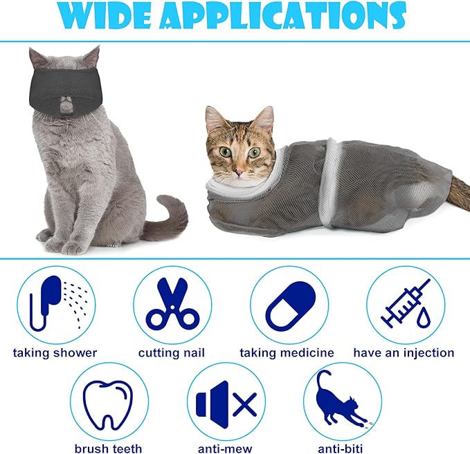 Patelai 5 Pcs Cat Bathing Bag Set Cat Grooming Bag Adjustable Pet Shower Net Muzzles Nail Clipper Tick Remover Tool Massage Brush(Grey-White)