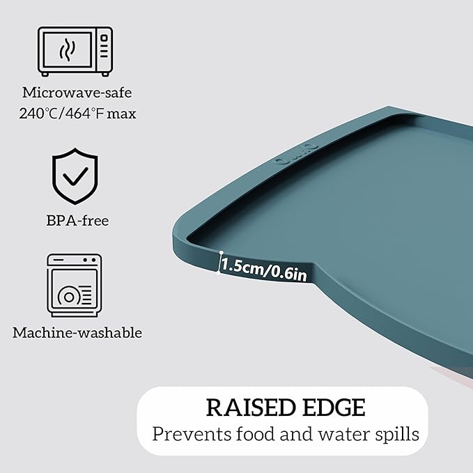 OHMO Dog Food Mat(Light Blue, 24 * 15'') w/Residue Collection Pocket Silicone Pet Feeding Mat for Floor High Edges Anti Spills Waterproof Cat Water Bowl Tray, Easy Clean Placemat