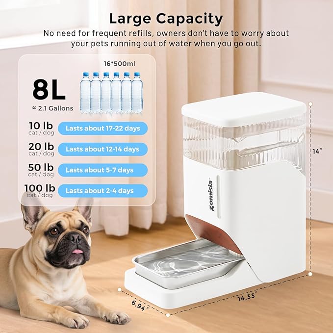 Automatic Dog Water Dispenser 8L with Stainless Steel Bowl, Gravity Large Capacity Water Bowl for Dogs, 2 Gallon Pet Waterer 100% BPA Free, Black