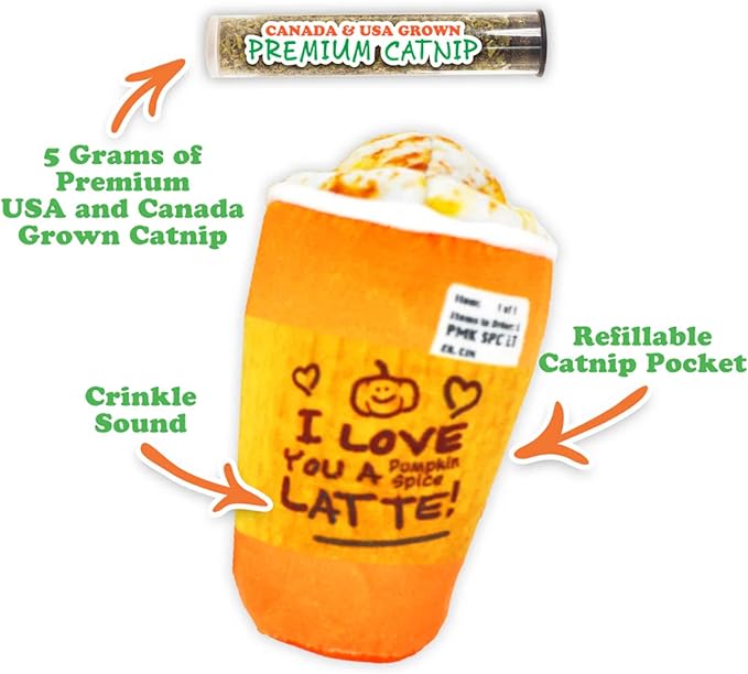 Meowijuana Fall Favorites Bundle | Pumpkin Spice Latte Refillable Toy, Harvest Moon Blend, Pumpkin Knock ‘n’ Nibble Toy, Chicken Crunchie Munchie Treats | Includes North American Organic Catnip
