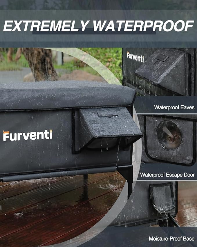 Outdoor Heated Cat House in Winter,Extremely Insulated & Weatherproof,Elevated Feral Cat Shelter with Waterproof Eaves & Escape Door for Outside Stray Barn Cat (Dark Grey, L with Cam)