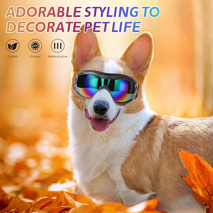 NVTED Dog Sunglasses Dog Goggles, UV Wind Dust Fog Protection Pet Glasses Eye Wear with Adjustable Strap for Medium or Large Size (Laser)