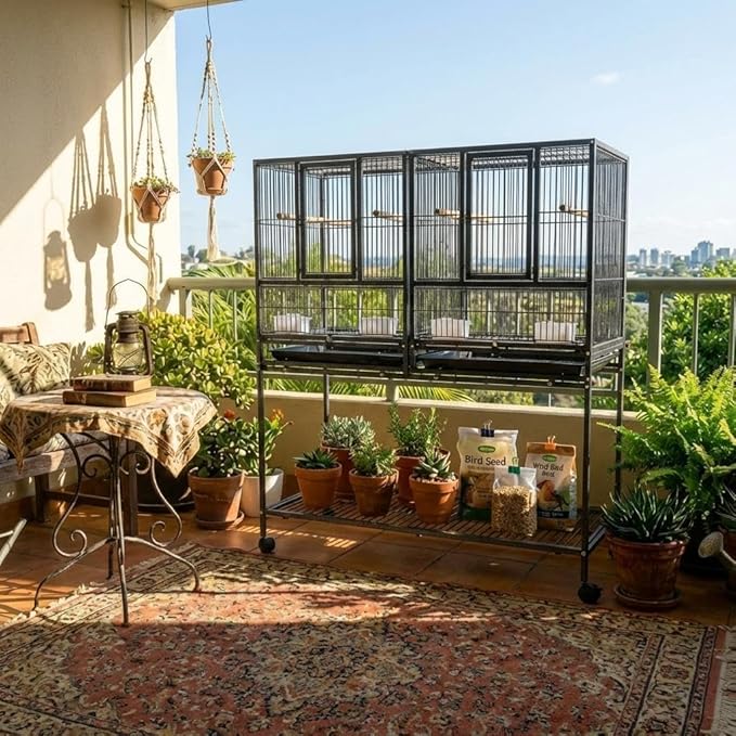 43'' Wrought Iron Birdcage with Detachable Rolling Stand & Feeder, Large Bird Cage with Secure Lock & Slide-Out Tray, Indoor Outdoor Bird Cage on Wheels,Parrot Cages for Parakeets, Pigeons, Black
