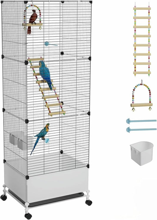 Extra Large Bird Cage, Black Parakeet Cages with Rolling Stand & Wheels, Wide Birdcage for Parrots Cockatiels Conure Budgie Canary Finch Lovebird