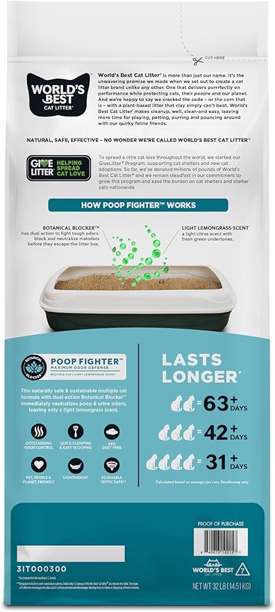 WORLD'S BEST CAT LITTER Poop Fighter Maximum Odor Defense, 32-Pounds - Natural Ingredients, Quick Clumping, Flushable, 99% Dust Free & Made in USA - Long-Lasting Odor Control & Easy Scooping