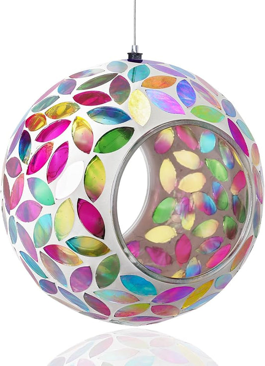 Yinns Bird Feeder - Mosaic Glass Birds Feeder Outside Hanging, Fly Through Bird Feeder with Oval Stained Glass, Outdoor Garden Decor, 6.5 inch Colorful