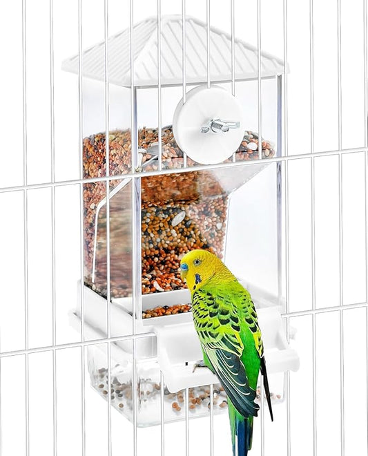 Hamiledyi Automatic Bird Feeder No Mess Bird Cage Feeder Seed Food Container with Perch Transparent Parrot Cage Accessories for Parakeets, Budgies, Cockatoos, Finches, Lovebirds, Canaries (White)