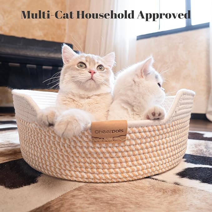 CHEERHOME PETS Cat Bed Basket with Cushion, Cute Pet Bed for Indoor Cats Couch, Kitten Bed for Medium and Large Cat, All Season Universal (White)