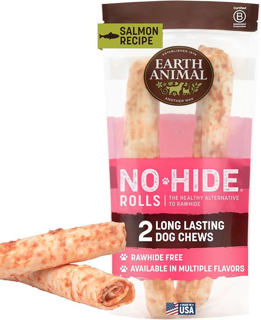Earth Animal No Hide Chews - Long Lasting Rawhide Free Large Dog Chews Rolls, Salmon - 2 Count