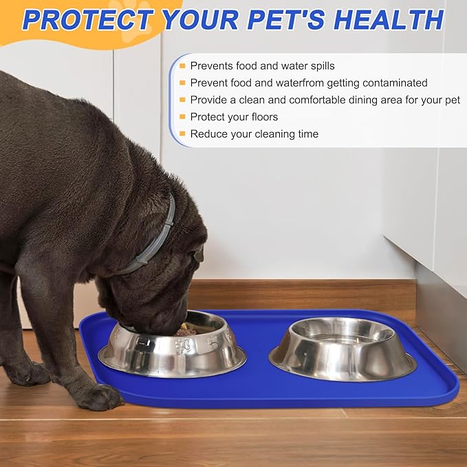 Silicone Pet Feeding Mat with Raised Edge for Food and Water, Dog Bowl Mats, Cat Bowls Placemat with High Lip for Floor Waterproof, Rubber Tray for Cats and Dogs 19 x 12 x0.7 Navy Blue