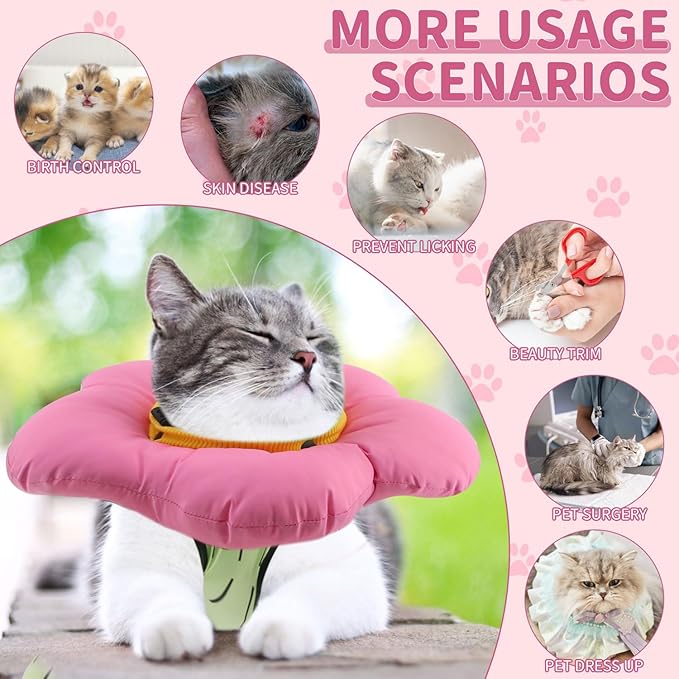 EMUST Cute Cat Recovery Suit and Adjustable Flower Cone Collar Set - Soft Surgical Suit for Abdominal Wounds, Cat Cones After Surgery for Female Kittens Under 4lb (Green)
