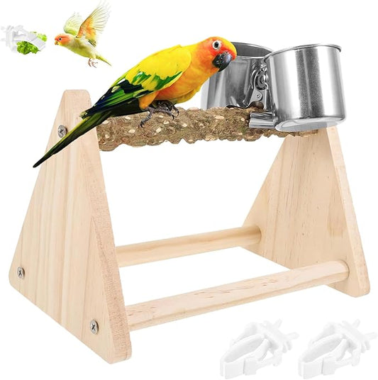 Parrot Play Wood Stand, Bird Perch Stand with Feeder Cups, Bird Grinding Perch Stands for Small Cockatiels, Conures, Parakeets, Finch