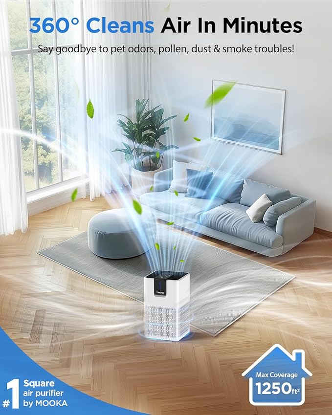 Air Purifiers for Home Large Room Up to 1250 Ft²,MOOKA H13 HEPA Air Purifier for Pets Dust Odor Smoke,Aromatherapy Function,Air Cleaner with 15dB Quiet Sleep Mode for Bedroom Office Living Room,White