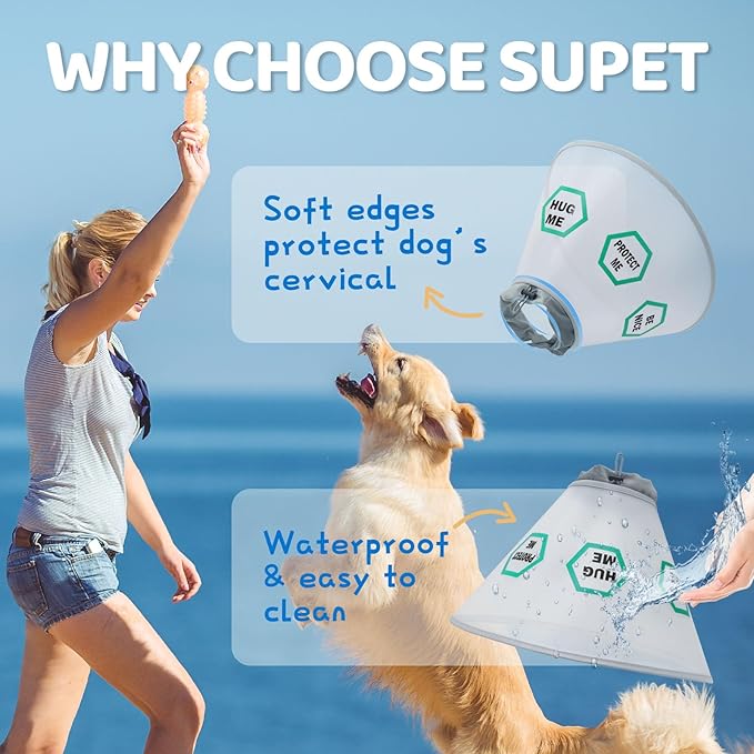 Supet Dog Cone Collar After Surgery to Stop Licking: Adjustable Recovery Elizabeth Collar Alternative for Large Medium Small Dogs, Plastic Pet Head Neck Cone (L)