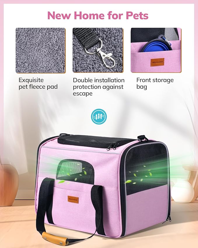 Morpilot Portable Cat Carrier - Soft Sided Cat Carrier for Medium Cats and Puppy up to 15lbs, Pet Carrier with Locking Safety Zippers, Foldable Bowl, Airline Approved Travel Dog Carrier - Pink