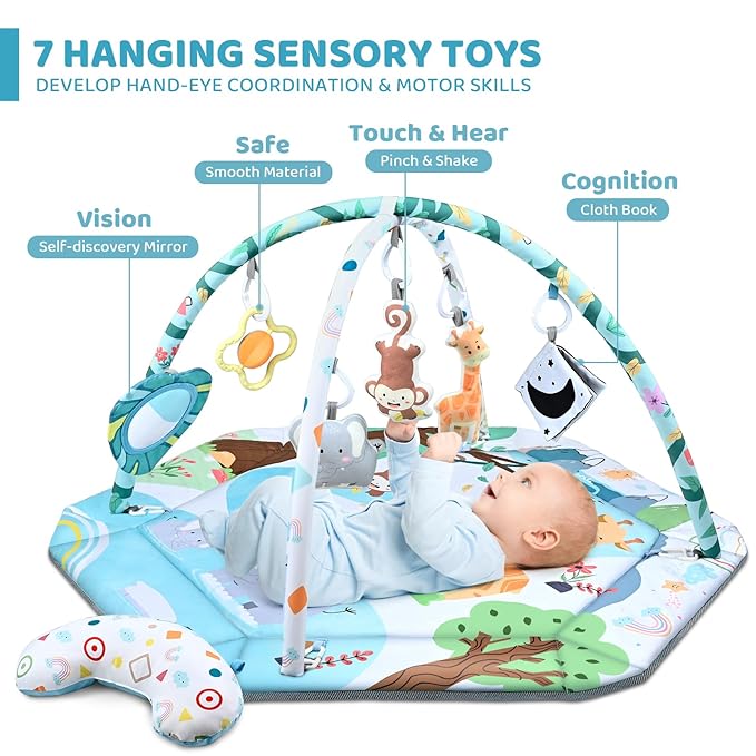 Baby Gym Play Mat, 8-in-1 Tummy Time Mat & Ball Pit with 6 Toys, Washable Baby Activity Play Mat for Visual, Hearing, Sensory, Motor Development, Baby Toys Gift for Toddler Infant 0-3-6-9-12 Months