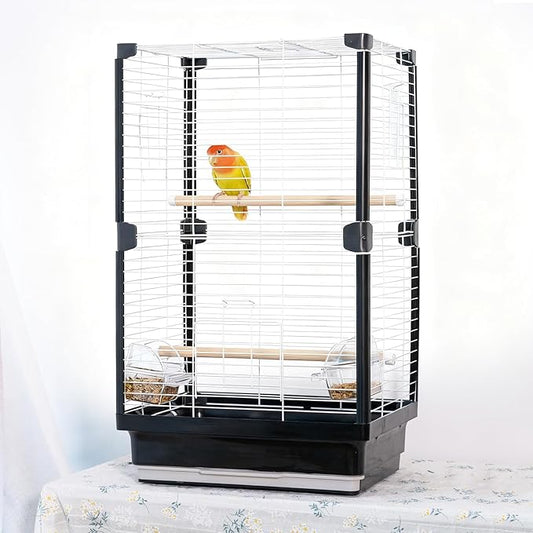 25 inch Bird Cage, Portable Travel Parrot Cage, Double-Layer Parakeet Cage, for Temporary Pet Accommodation, Trip to Vet, Short Trip, Camping, Black & White