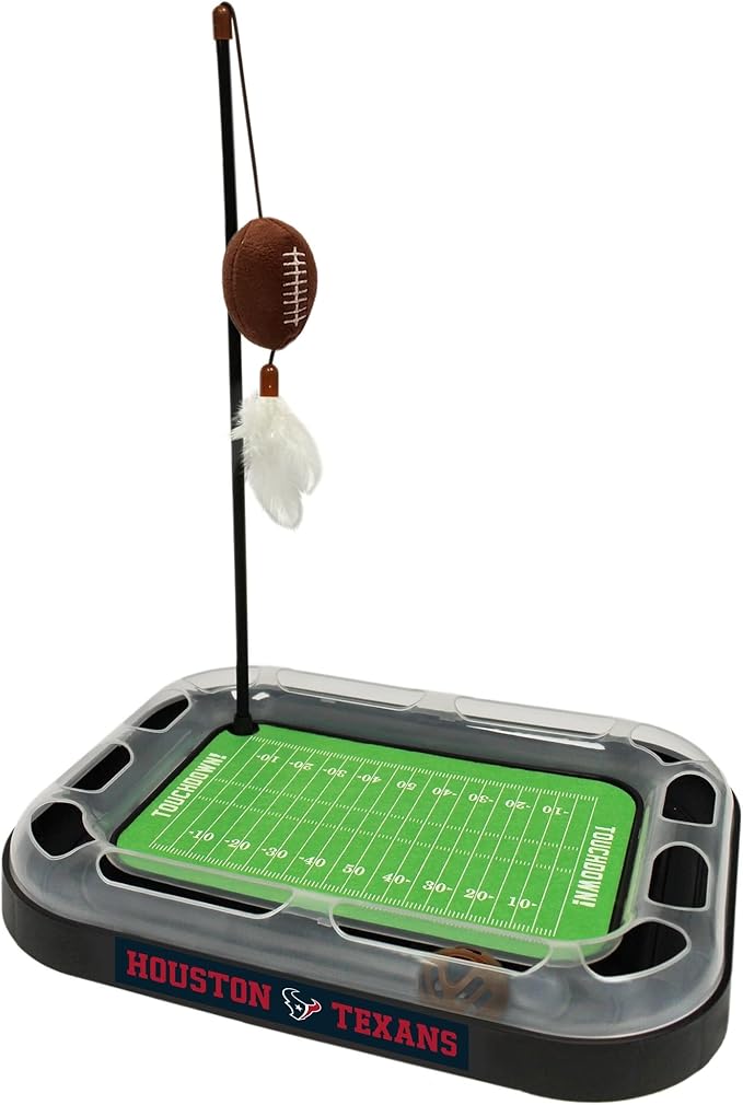Pets First Catnip Toy HOUSTON TEXANS FOOTBALL FIELD CAT SCRATCHER TOY with CATNIP Filled Plush FOOTBALL Toy & Feather Cat Toy hanging, with Jingle Bell INTERACTIVE BALL Cat Chasing 5-in-1 KITTY Toy