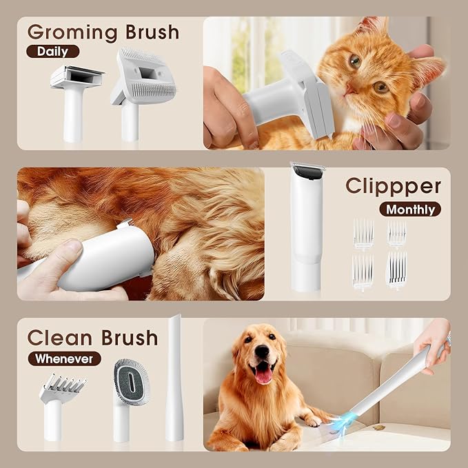 Dog Grooming Kit, Dog Hair Vacuum with Nail Clipper and 4L Dust Cup, 6 Pet Grooming Tools, Silent Pet Vacuum for Cats, Dogs and Other Animals