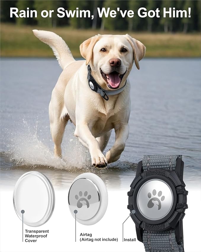 TagME Airtag Dog Collar,Waterproof Reflective Pet Collar with Airtag Holder,Soft Padded and Double D-Rings for Large Dogs,Grey