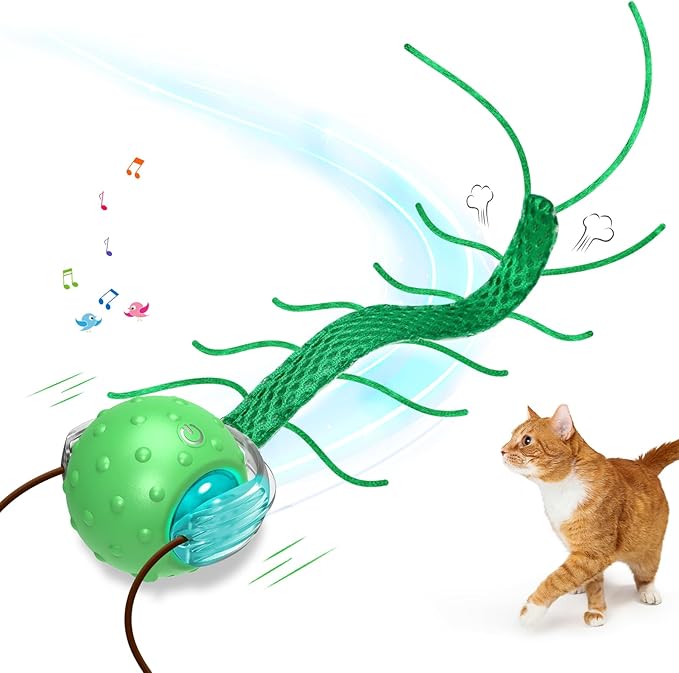 Interactive Cat Toys for Indoor Cats, Moving Cat Ball with Tail, Fast Rolling on Carpet, Chirping & Motion Activate Toy for Bored Indoor Adult Cats