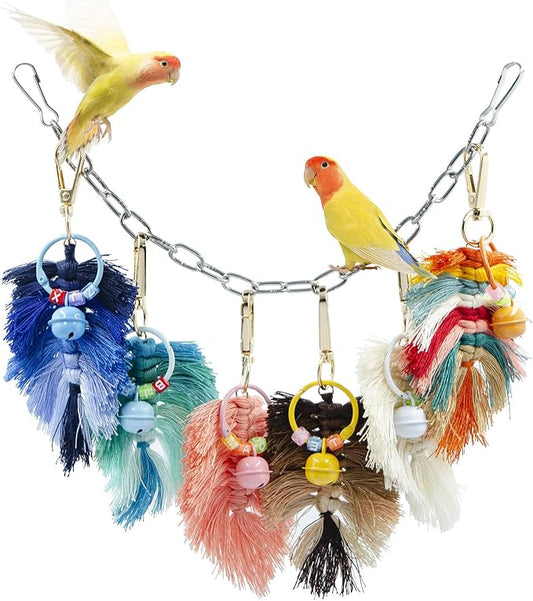 Bird Toys, Multicolor Rope Chew Toy with Metal Hook and Bells, Parakeet Toys, Bird Cage Accessories for Budgies, Cockatiels, Lovebirds, Green Cheeks, Small to Medium Birds