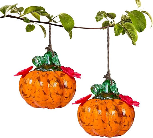 Small Glass Hummingbird Feeders for Outdoors Hanging - 2PC X Orange Yellow Hand Blown Glass Pumpkin Nectar Feeding, 2 Flowers Feeding Ports, Decor for Garden/Backyard Outside