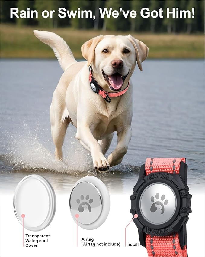 TagME Airtag Dog Collar,Waterproof Reflective Pet Collar with Airtag Holder,Soft Padded and Double D-Rings for Extra Large Dogs,Baby Pink