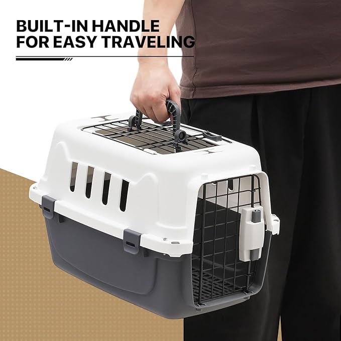 MoNiBloom 18-Inch 2-Door Top Loading Cat Carrier, Plastic Dog Crate Hard-Sided Dog Travel Carrier for Small Dogs and Cats, Ventilation and Security Lock Design for Pets up to 10 lbs (Grey)