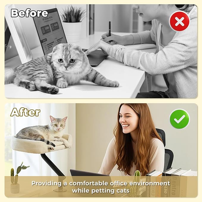 PAWZ Road Cat Desk Bed for Indoor Cats, Cat Bed for Desk Supports Up to 50 lbs, 360° Rotation & Adjustable, Nest Desktop Attachment Cats Hammock for Table, White