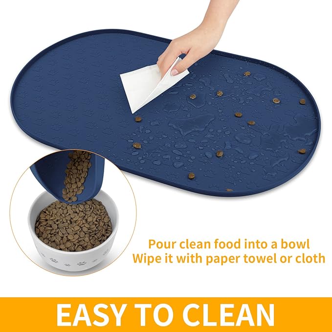 KPWACD Pet Feeding Mat for Dogs and Cats, Silicone Dog Placemat Non-Slip Waterproof Bowl Mats Prevent Food and Water Overflow, High-Lips Puppy Dish Tray Mat Suitable for Large Medium Small Pets, Navy