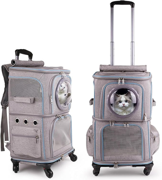 2-in-1 Pet Carrier Backpack for Two Cats or One Dog with Puller & Roller, Grey 2-Layer Dual Cabins Carry Bag for Large Fat Cat and Puppy Traveling and Hiking, Space Capsule Clear Bubble Dome