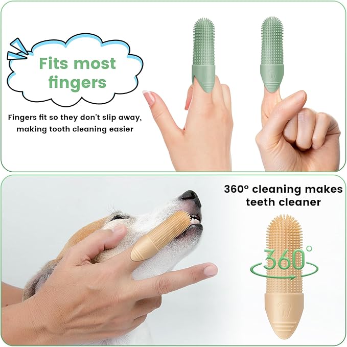 Duckart LABRUSID Dog Toothbrush, 2 Pack Dog Tooth Brush, 360 Cleaning Finger Toothbrush for Adult Dogs, Soft Silicone, Cream-coloured & Green