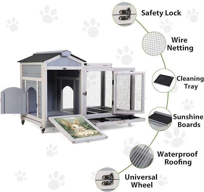 COZIWOW 38.5inches Durable Wooden Rabbit Cage Indoor，Wide Space Small Animal House with Removable Tray&Safety Lock，Rubbit Hutch with Waterproof Roof&Solar Panels (Grey with Pattern)