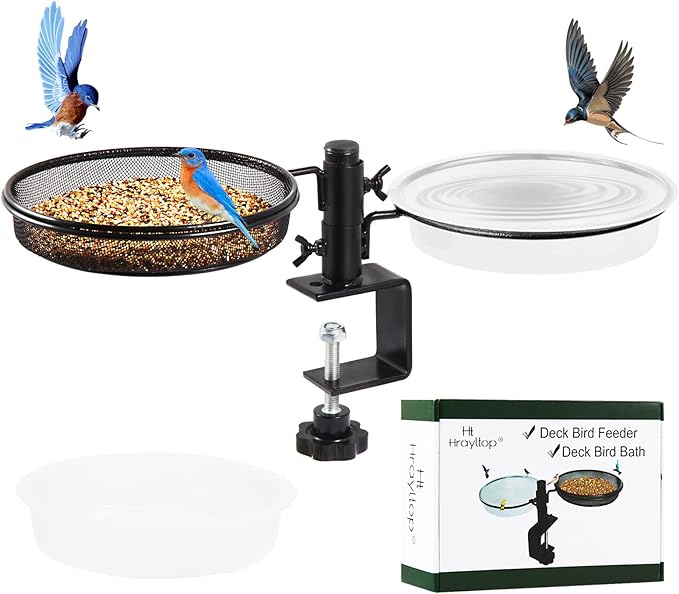 Deck Bird Feeders with Metal Mesh Tray and 2 Water Bowls - Detachable Adjustable Heavy Duty Clamp Bracket, Rail Bird Bath Balcony Porch Railing Feeder Perfect for Attracting Birds.