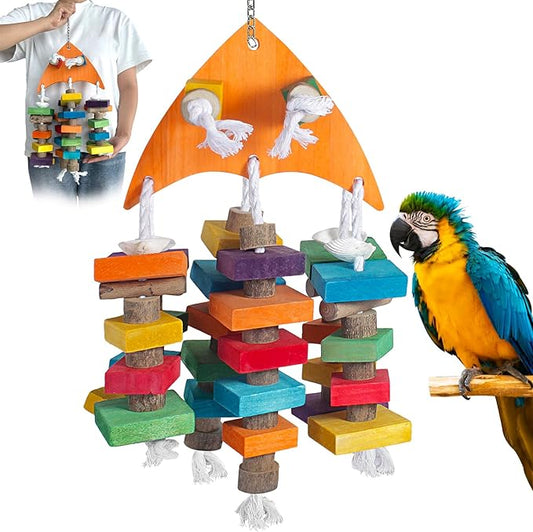 22.8" Natural Shell Parrot Toy for Medium & Large Birds (Sichuan Pepper Wood/Pine Wood/Poplar) with Stainless Steel Hook | Macaw Toys, African Grey Chew Toys