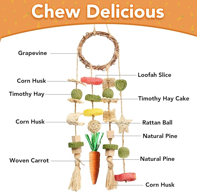 Rabbit Chew Toys Bunny Cage Hanging Toy and Treats Rattan Ring with Snacks for Rodent Pets Teeth Healthy
