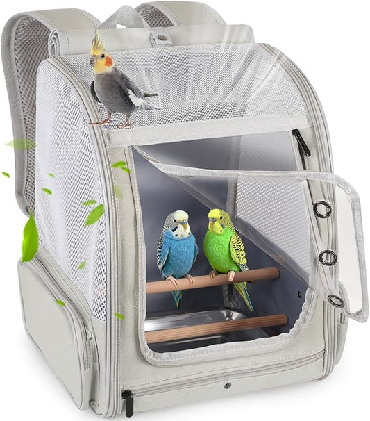 Bird Backpack Carrier with Front Zipper Opening, Portable Bird Travel Carrier Cage with 2 Standing Perches and Metal Tray, Breathable Transport Bag for Parakeet, Budgie, Conure, Cockatiel, Parrot