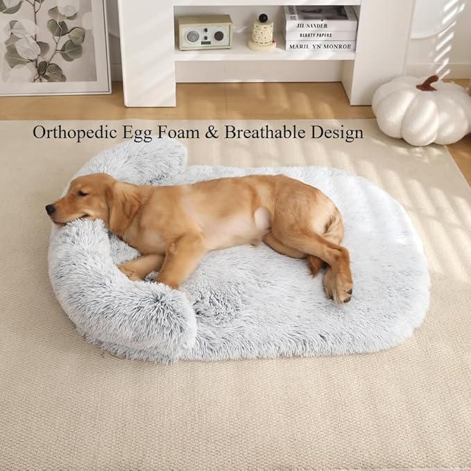 Calming Dog Bed - Fluffy Plush Mat with Removable Washable Cover | Furniture Protector for Large Dogs & Cats(White,47.24X29.53X5.91in)