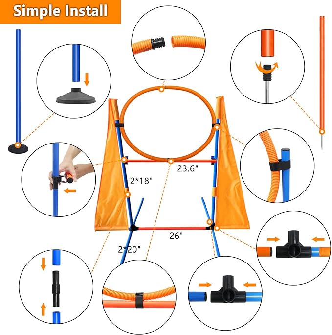 Premium Dog Agility Training Set Outdoor Indoor Game, Tire Jump + Hurdle Jump, Tunnel, Weave Poles, Pause, 2 Toy Balls, 2 Discs, 1 Whistle, 1 Bag, 2 Training Clicker Backyard Dog Obstacle Course Kit